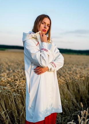 White Women's Raincoat with Ukrainian ornamen