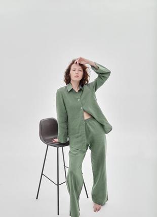 Oversized linen 3 piece set – shirt with pants and shorts "Olive"