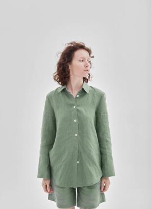 Oversized linen 3 piece set – shirt with pants and shorts "Olive"7 photo