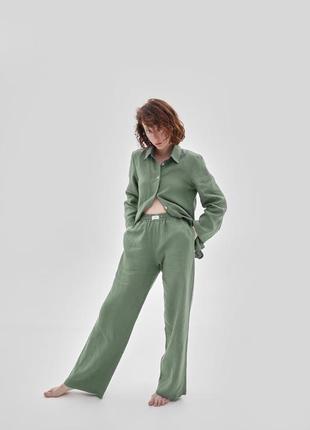 Oversized linen 2 piece set – shirt and pants "Olive"2 photo