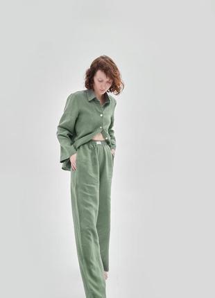 Oversized linen 2 piece set – shirt and pants "Olive"3 photo