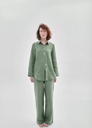 Oversized linen 2 piece set – shirt and pants "Olive"4 photo