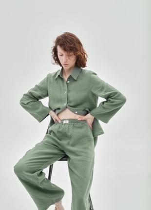 Oversized linen 2 piece set – shirt and pants "Olive"7 photo