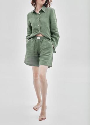 Oversized linen 2 piece set – shirt and shorts "Olive"3 photo
