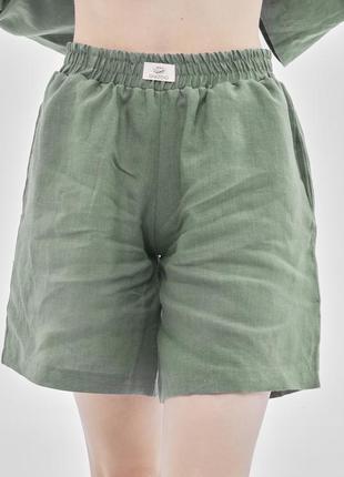 Oversized linen 2 piece set – shirt and shorts "Olive"4 photo