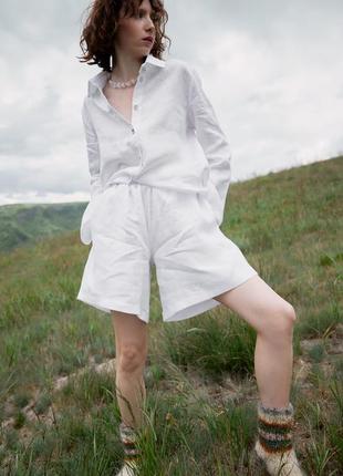 Oversized linen 3 piece set – shirt with pants and shorts "Milk"5 photo