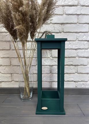 Candlestick wooden lantern green 17x17x45