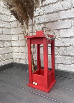 Candlestick wooden lantern red 15x15x352 photo