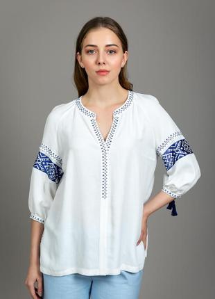 Blouse «Lace of Love» white with blue viscose embroidery1 photo