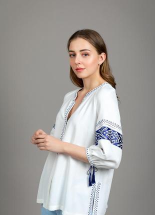Blouse «Lace of Love» white with blue viscose embroidery3 photo