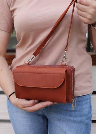 Leather crossbody bag-wallet for iphone 14 on shoulder strap for women / Brown - 010105 photo