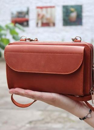 Leather crossbody bag-wallet for iphone 14 on shoulder strap for women / Brown - 010104 photo