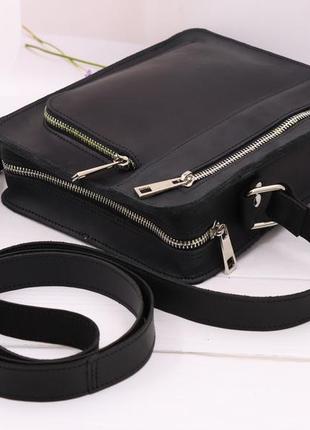 Mens leather messenger bag with pocket for phone on shoulder strap / Black - 010122 photo