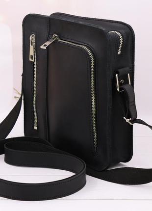 Mens leather messenger bag with pocket for phone on shoulder strap / Black - 010127 photo
