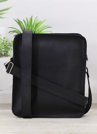 Mens leather messenger bag with pocket for phone on shoulder strap / Black - 010123 photo