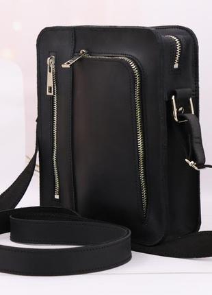 Mens leather messenger bag with pocket for phone on shoulder strap / Black - 010121 photo