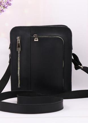 Mens leather messenger bag with pocket for phone on shoulder strap / Black - 010124 photo