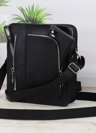 Mens leather messenger bag with pocket for phone on shoulder strap / Black - 010125 photo