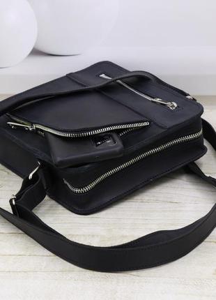 Mens leather messenger bag with pocket for phone on shoulder strap / Black - 010126 photo