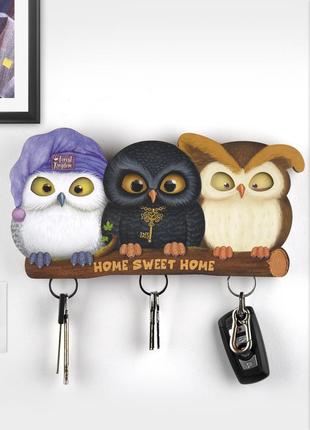Key holder for wall - "Snowy, Balcky & Rudy" the owls (triple)