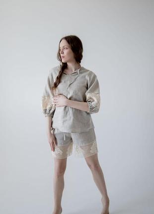 Unbleached linen pajamas with lace. ethno collection5 photo