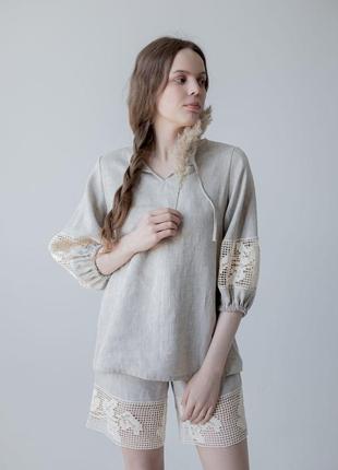Unbleached linen pajamas with lace. ethno collection4 photo
