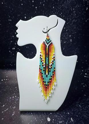 Sun and sky beaded fringe earrings • vibrant beaded earrings Handmade Boho Dangle Indigenous Jewelry1 photo