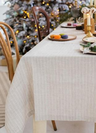 Gray linen tablecloth with a white stripe.  Size: S - 140*140 cm