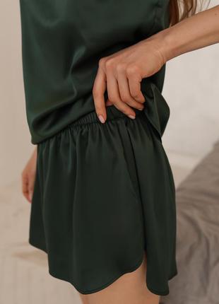 Green silk pajama set. Shorts and camisole set5 photo