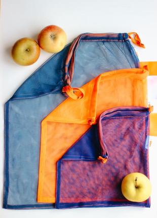 Reusable  tote mesh Bags - Set of 3, handmade,  sack, stringbag.4 photo