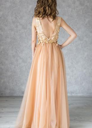 Gold backless evening dress with flower embroidery4 photo