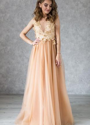 Gold backless evening dress with flower embroidery6 photo