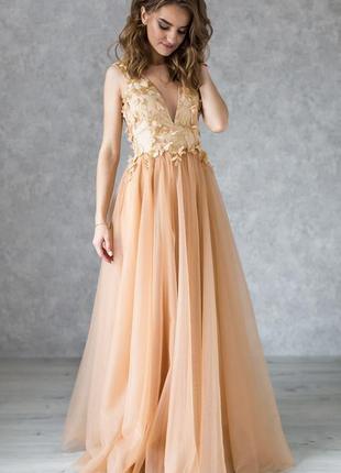 Gold backless evening dress with flower embroidery9 photo