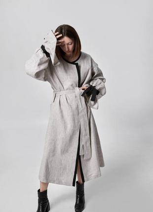 Linen coat with contrasting braid and volume sleeves with ties2 photo