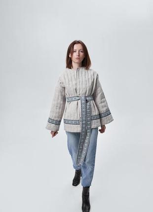 Quilted linen coat cardigan with decorative braid in ethno style1 photo