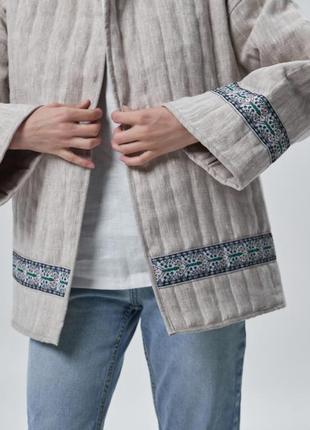 Quilted linen coat cardigan with decorative braid in ethno style2 photo