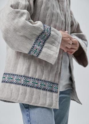 Quilted linen coat cardigan with decorative braid in ethno style5 photo