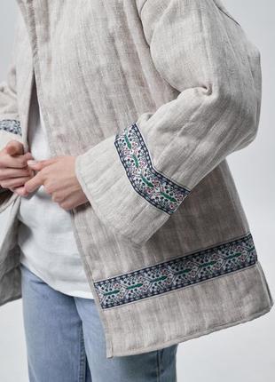 Quilted linen coat cardigan with decorative braid in ethno style8 photo