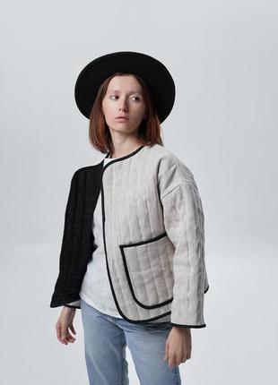Quilted linen 2 - colors coat cardigan with black braid4 photo