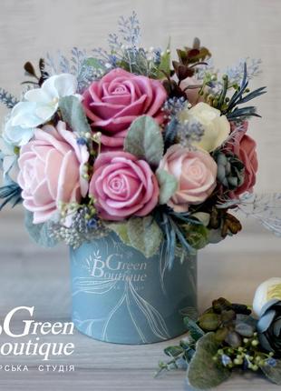 Luxurious interior bouquet of soap roses in a designer box