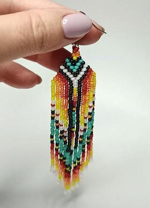 Sun and sky beaded fringe earrings • vibrant beaded earrings Handmade Boho Dangle Indigenous Jewelry4 photo
