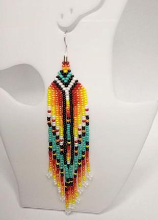 Sun and sky beaded fringe earrings • vibrant beaded earrings Handmade Boho Dangle Indigenous Jewelry2 photo