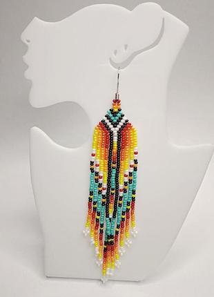Sun and sky beaded fringe earrings • vibrant beaded earrings Handmade Boho Dangle Indigenous Jewelry3 photo