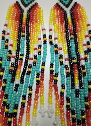 Sun and sky beaded fringe earrings • vibrant beaded earrings Handmade Boho Dangle Indigenous Jewelry5 photo