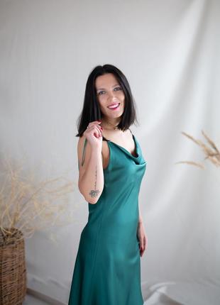 Green silk slip dress Midi. Cowl neck cocktail cami dress.2 photo