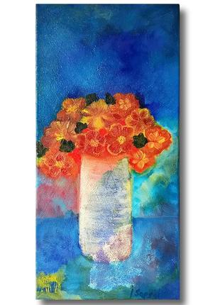 Marigold art. Yellow flower oil painting on canvas