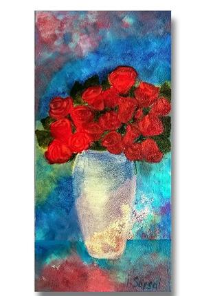 Still life with red roses in a vase. Oil painting with bright red roses