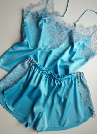 Bright blue silk pajama set with lace trim. Sleep wrap shorts with side slits and camisole set2 photo