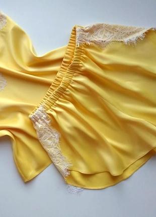 Bright yellow silk pajama with whit lace trim. Sleep wrap shorts with side slits and camisole set7 photo