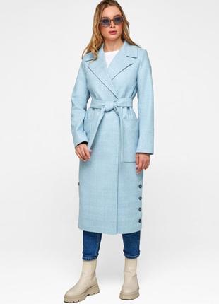 Demi-season long woolen coat with belt Asti blue